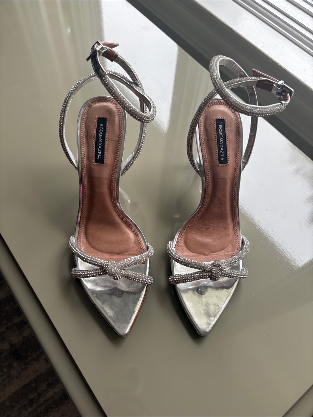 BCBGMaxAzria Silver Crystal Bow Pointed-Toe Ankle-Strap Heels